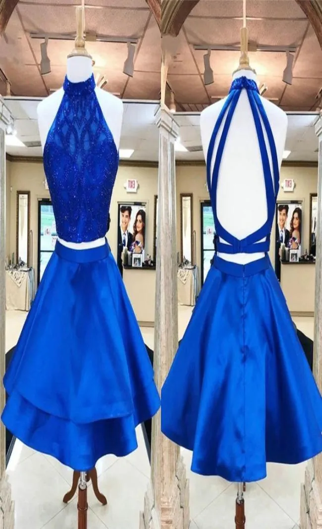 Chic Royal Blue High Collar Robes de bal courtes 2022 Crystal perlé deux couches Aline 2 pièces Robe Homecoming Graduation Bridesmai3113139