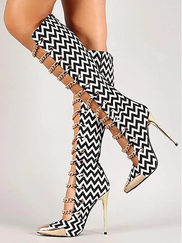 Laarzen gladiator knie hoge metalen ketting zigzag stiletto hiel veer vrouw mode runway schoenen puntig teen