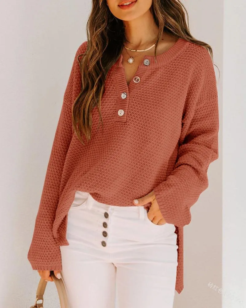 Dames truien tegen nek knop batwing lange mouw losse henley tops herfst/winter solide pullover gebreide trui