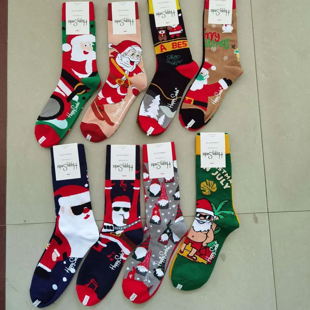 Chaussettes masculines chaussettes heureuses à mi-longueur quatre saisons pour femmes chaussettes en cuir carton de Noël chaussettes de Noël personnalisées.