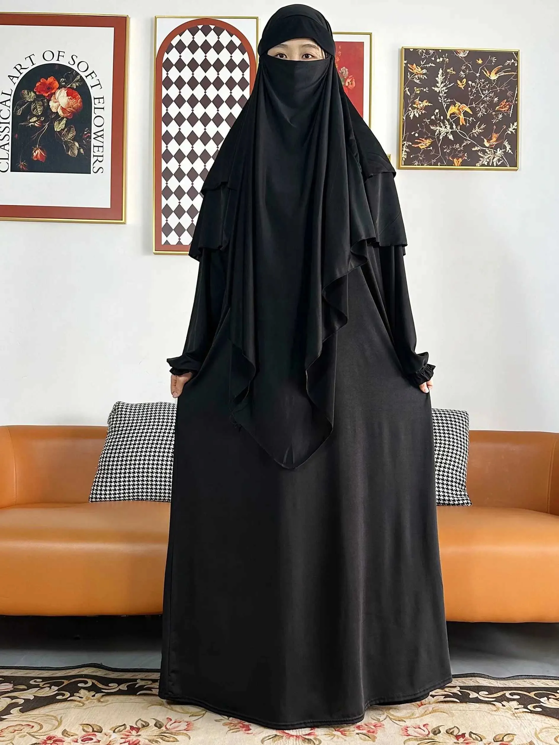Vêtements ethniques 2 pièces Set Abaya Khimar Set High Quty Nida Muslim Femmes Long Slve Two Piece Prayer Hijab Robe Islamic Clothing T240510