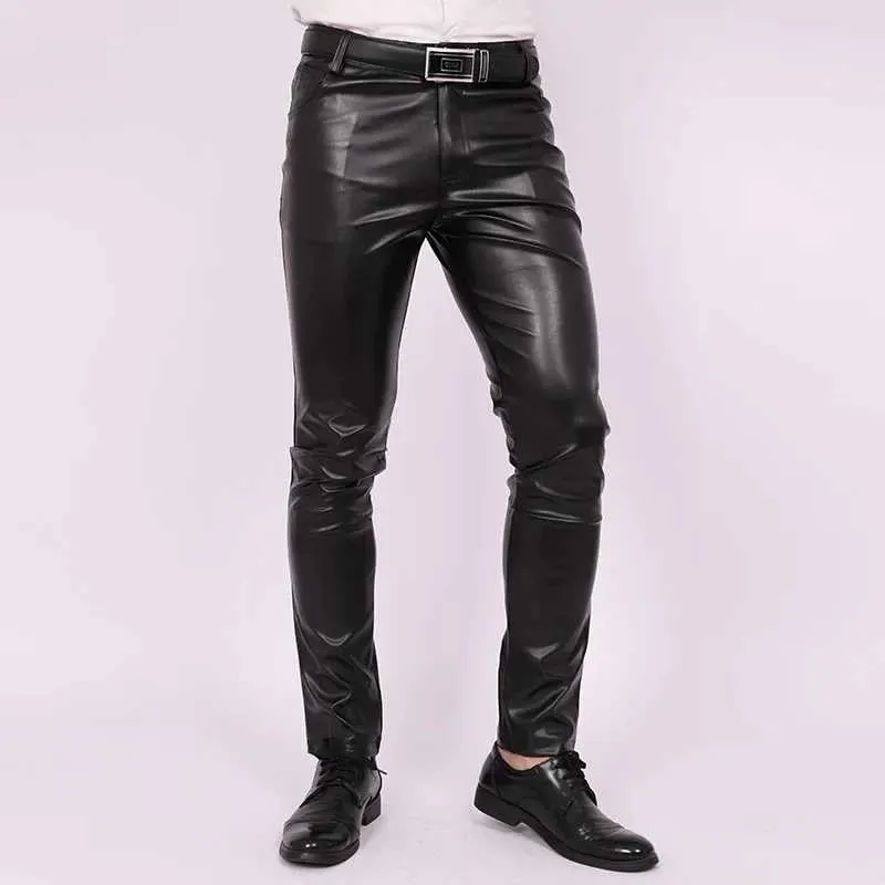 Herrenhosen Herren Ultra-dünne schlanke fit enge Hose enge elastische Lederhose Jugendtrend Motorrad PU Leder Pantsl2405