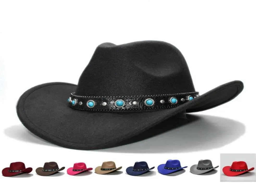 Geniş Memlu Şapkalar Retro Kadın Erkekler 100 Yün Kovboy Batı Cowgirl Bowler Hat Fedora Cap Turkuaz Boncuk Vintage Deri Band 57Cmadj2309086