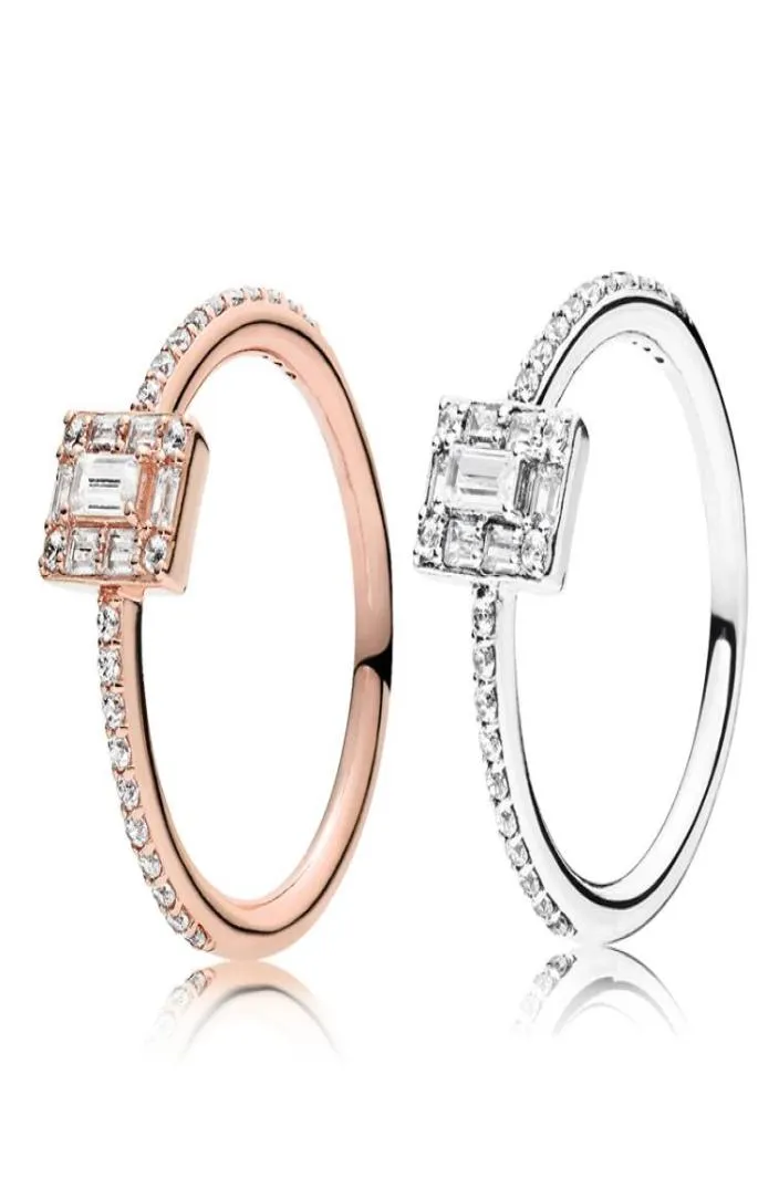 Autêntico 925 Sterling Silver Wedding Jewelry for Sparkling Square Halo Ring CZ Diamond Gift Rings com Box9697507 original