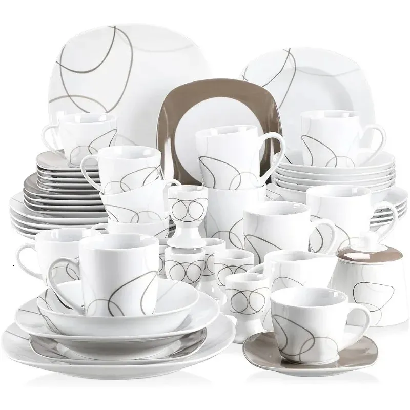 Series Veweet Nikita 50 pièces ensembles de vaisselle pour 6 y compris les plaques de porcelaine tasses tasses d'oeufs tasses et soucoupes set 240508
