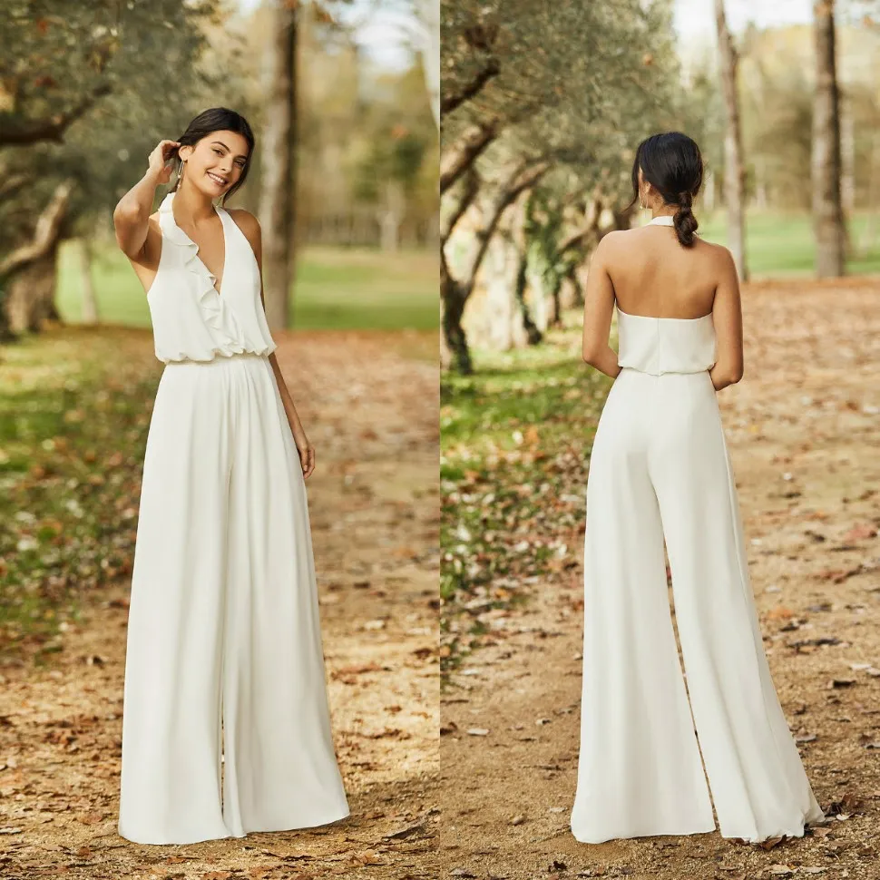 2020 Elegante Hochzeit Jumpsuit Halfter eine Linie sexy Rückenlänge Boho Hochzeitskleid billige Brauthosen Anzug Roben de Mariee 269r