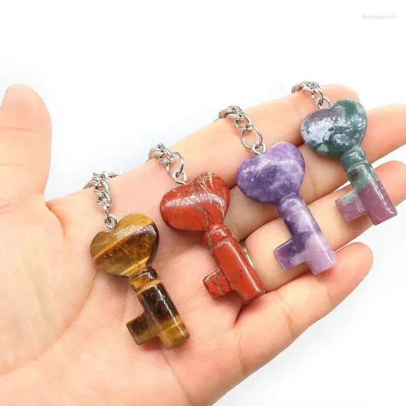 Keychains 2pcs en pierre naturelle en forme de coeur Keychain Accessoire de voiture en acier inoxydable Reiki Crystal Agate Quartz Pendant Pending Mandbag Decor