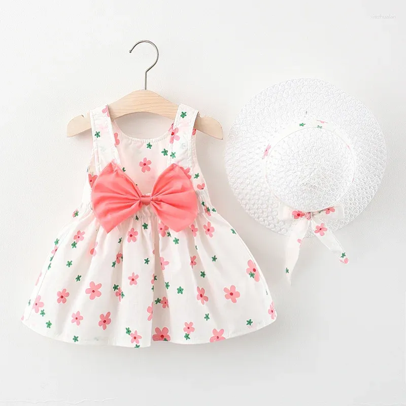 Girl Dresses 2/piece Set Of Girls' Dress Straw Hat Summer Baby Knot Cartoon Flower Print Large Butterfly Sleeveless