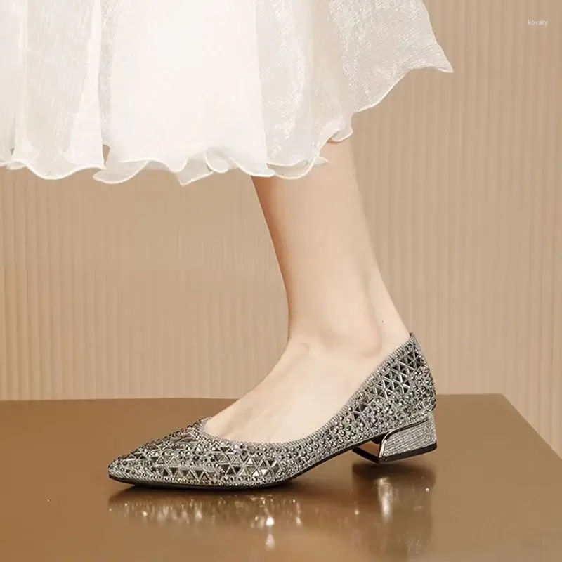 Wholesale Rhinestone Embellished Pointed Low Heel Silver Dress Flats For Women Non Slip Soft Sole Shallow And Casual Summer Style At Only 32.66 DHgate.Com