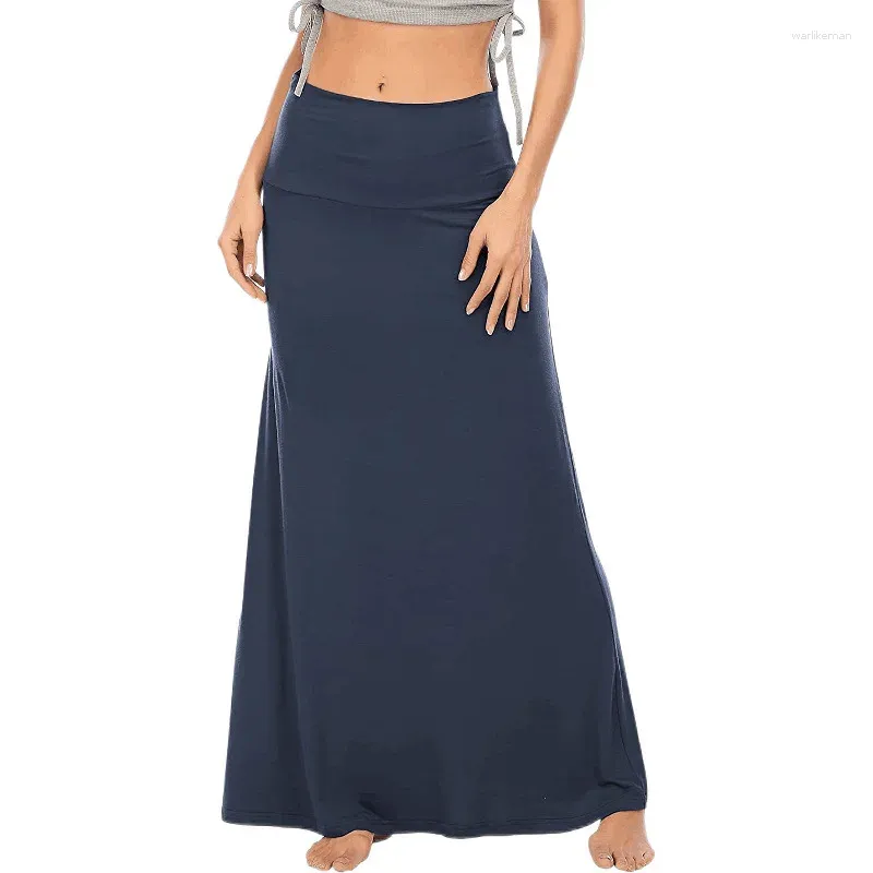 Jupes musulmanes longues pour les femmes couleurs solides jupe maxi haute taille plie pliant le planche de la cheville de sol Jersey 2024