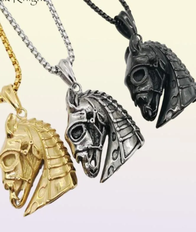 Black Knight Gothetic en acier inoxydable en acier inoxydable Skull Pendant Collier pour hommes Fashion Animal War Horse Skull Collier BKN07701732019