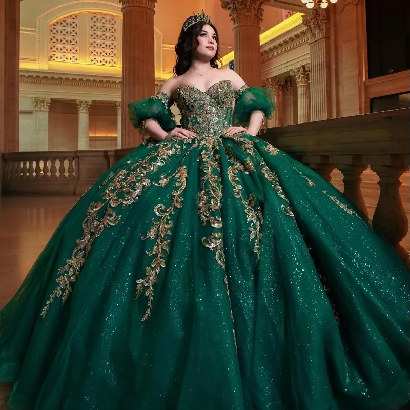 slim fit dress slacks Elegant Ball Gown Off Shoulder Flower Lace Appliques Sweep Train Emerald Green Tulle Quinceanera Dress Princess Gown for Sweet 16 main image 1