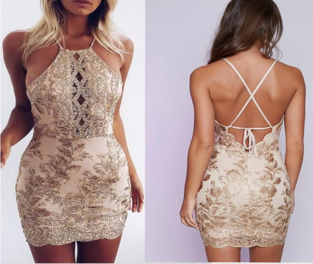 Sexy kurze Champagner -Cocktailkleider Spaghetti billige Backless -Partykleider für Frauen Mini Club tragen rote Promkleider9989723