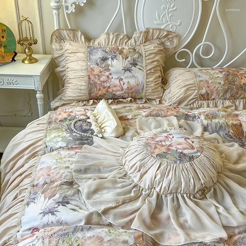 Bedding Sets Pleat Ruffles French Vintage Flamingo Tropical Leaves Botanical Print Set Pure Cotton Duvet Cover Bed Skirt Pillowcases