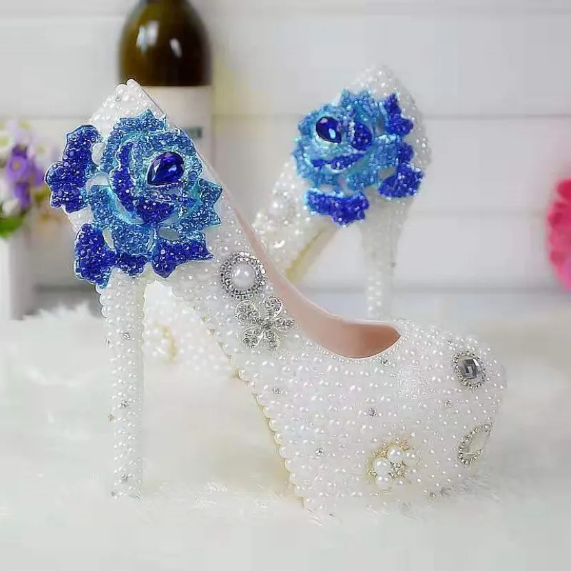 Perles Flower Wedding Chaussures Diamond Rose Pompes hautes Chaussures de mariée 14cm Bling Bling Chaussures de bal pour Lady 254b