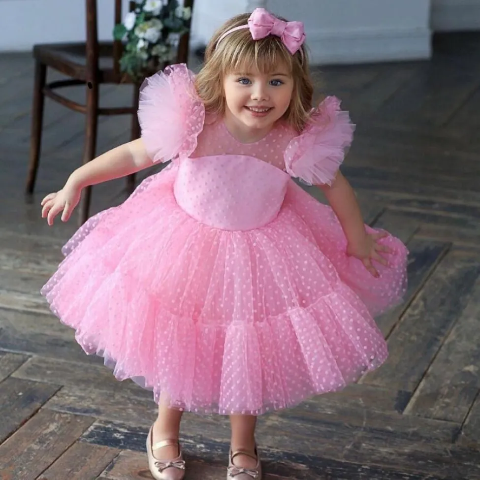 Flickas tävlingsklänningar bollklänningar rosa födelsedagsfest barn formell bär blomma flickor för bröllop gäststorlek 4 6 8 10 knälängd 203j