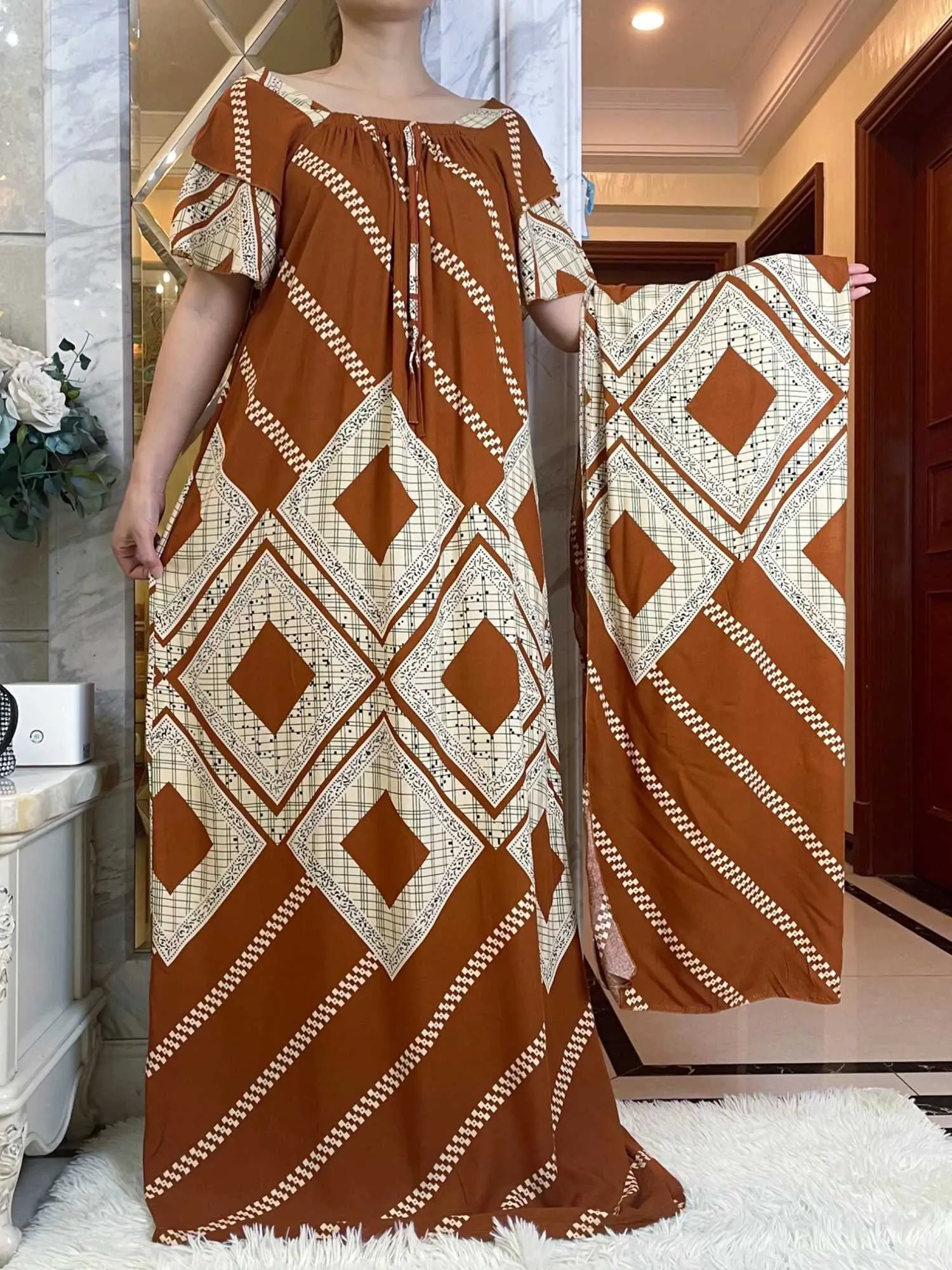 Vêtements ethniques Nouveau style Robe Slve courte avec une grande écharre