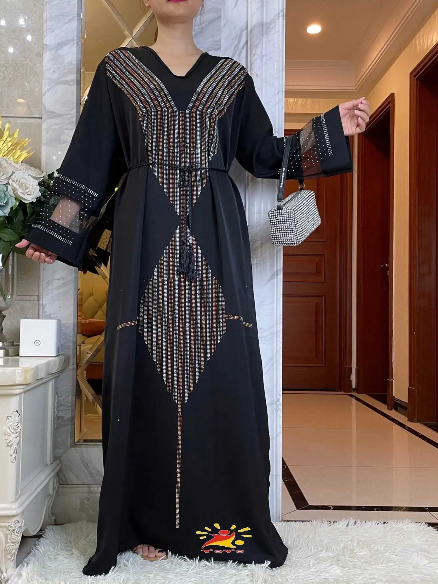 Etniska kläder 2023 Hösten Abaya muslimsk kvinna lång slve klänning ramadan bön diamanter kaftan arabiska islamiska chiffongkläder marockanska kaftan t240510