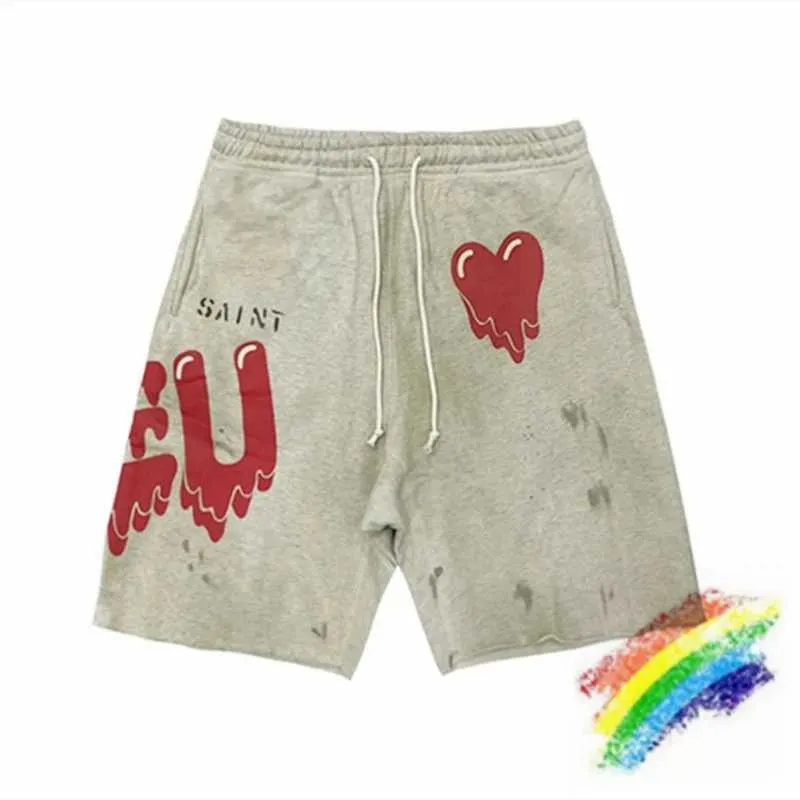 Men's Shorts Washed Sweat Shorts For Men Women Apricot Dissolve Love Drawstring Brches H240508