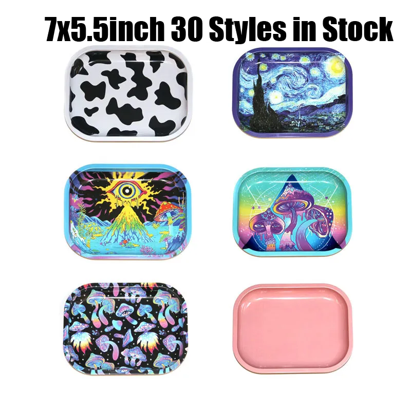 180*140mm 7x5.5inch 30 Styles Raw Backwoods Cartoon Rolling Tray Metal Cigarette Smoking Small Trays Dry Herb Tobacco Plate Case Storage Smoke Mini Machine Tool New