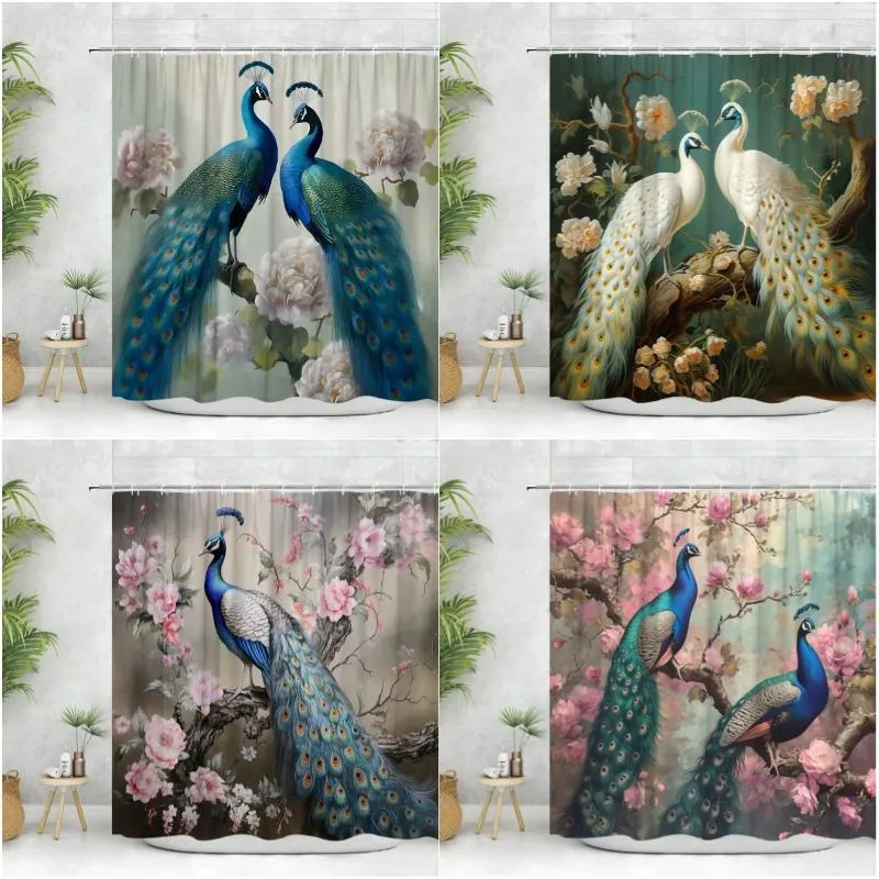 Rideaux de douche à rideau de paon animal tropical fleur de la forêt botanique de la ferme botanique peinture à l'huile en polyester tissu de salle de bain décoration