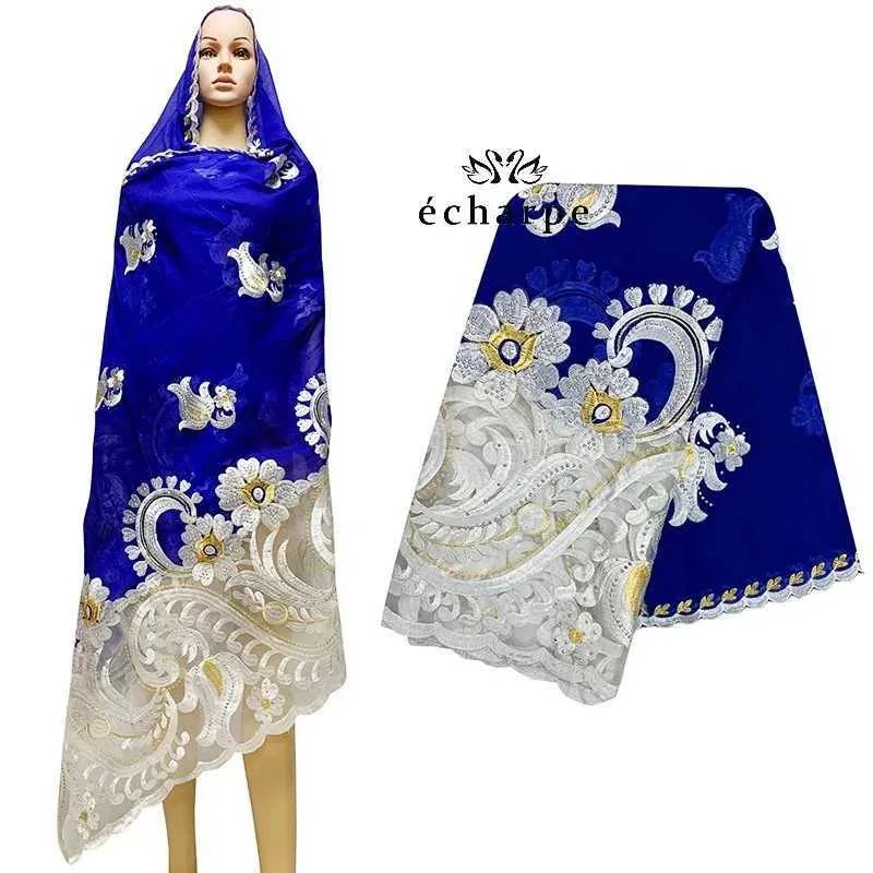 Ethnic Clothing New African Women Dubai Scarf Embroidery Cotton splicing with Net Women Hijab Scarf Big Size Pashmina Scarf EC921 T240510