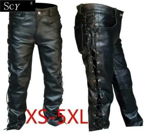 Pantaloni da uomo maschile in pelle nera fitta laterale jeans pantaloni in stile motocicletta per moto in pelle pantaloni motociclisti in pelle