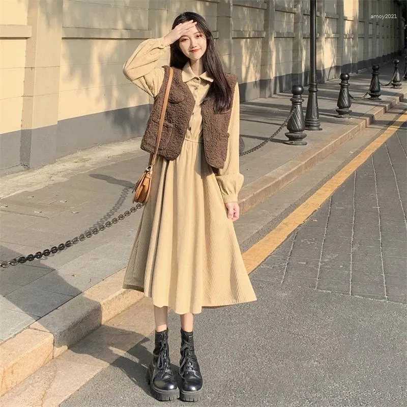 Robes de travail Lucyever coréen mode longue robe femme brun kaki collier de remise