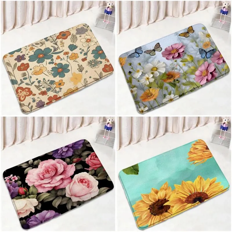 Mattes de bain Fleurs Mat Vinatge aquarelle plantes florales non glissées tapis de salle de bain papillons