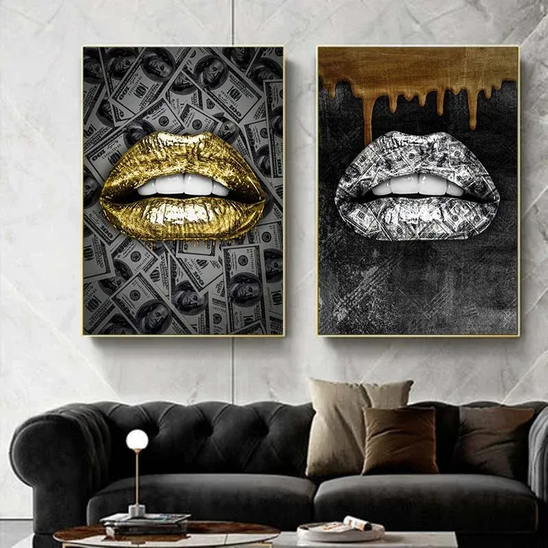 Décoration murale de chambre de luxe peinture en argent gold lèvres art toile peinture de la bouche dorée affiche décoration de maison