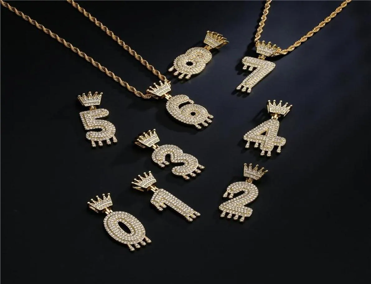 Chains Fashion Crown Dripping Number Pendant Hollow Gold Chain Necklace Crystal Bubble Digit Iced Out Jewelry Trendy Men28116974342