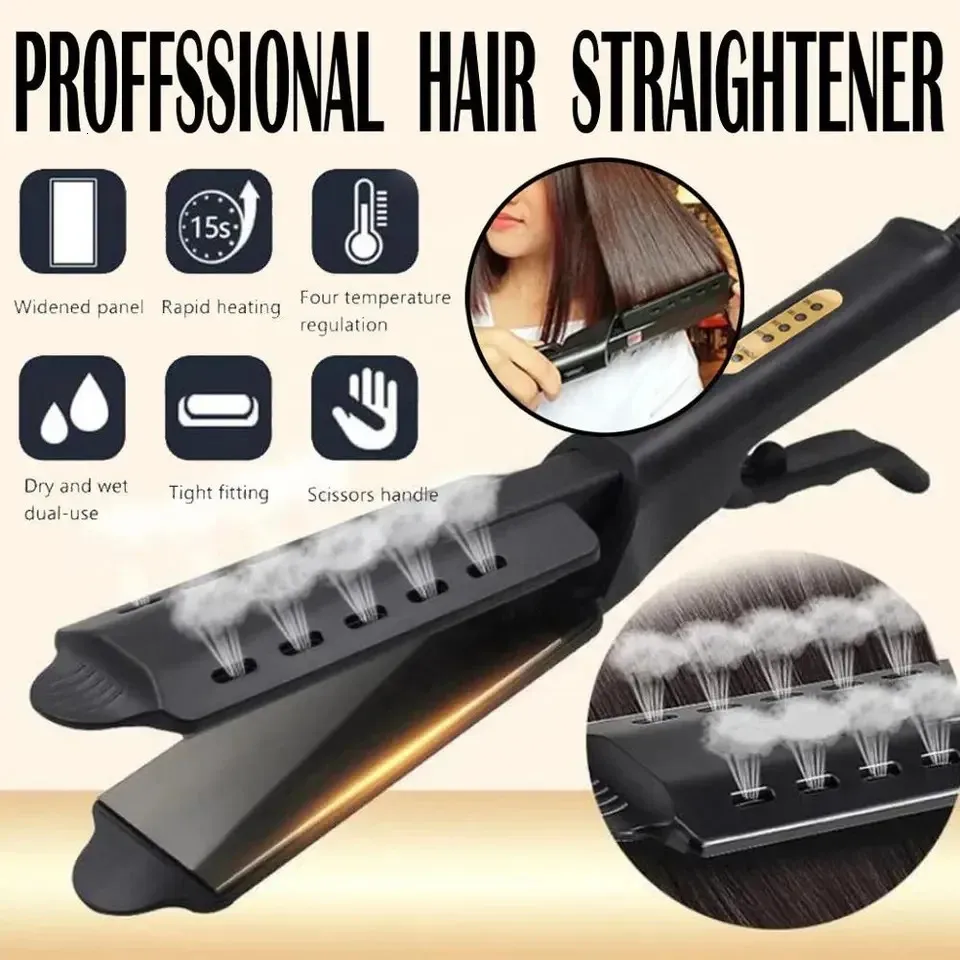 Wide Plate Ionic Flat Iron Hair Straightener Gray High Tech Professional Steam Adjustable Temperature 4 Gear 240506