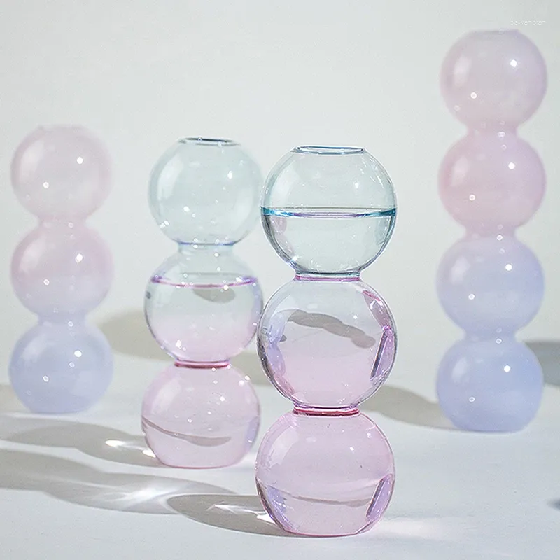 Vases Multicolor Transparent Glass Vase Gradient Color Bubble Shaped Hydroponic Plant Flower Bottle Home Room Desktop Decor