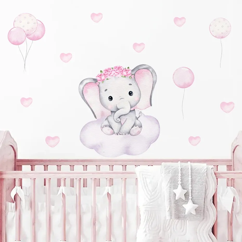Watercolor Pink Elephant Cloud Wall Stickers for Kids Room Baby Nursery Decoration Decals Boy and Girls Gifts PVC 240426