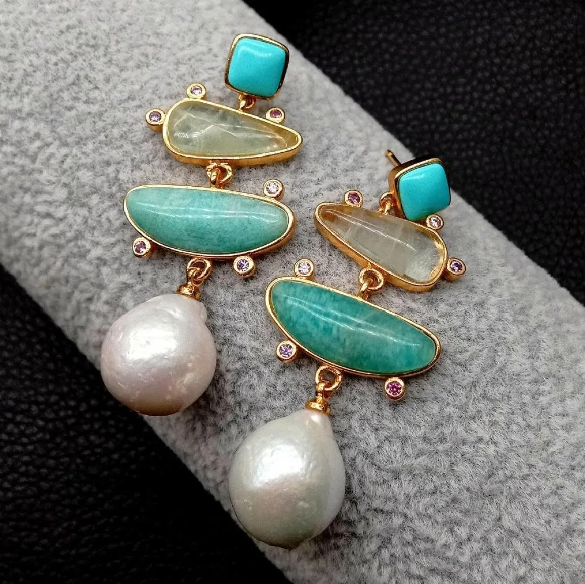 Yygem Natural Geometric Turquoise Ite Prehnite White Pearl Stud Ored Ored Ored Office Office Office Style pour femmes6834556
