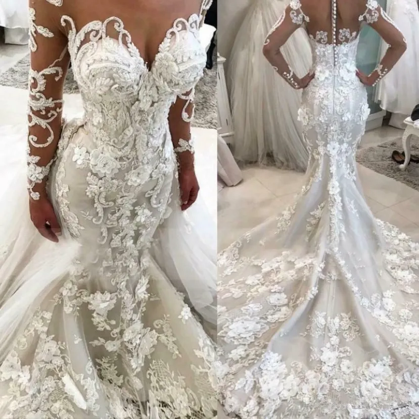 2022 Abiti da sposa alla sirena 3D vintage con maniche lunghe di lusso in treno staccabili