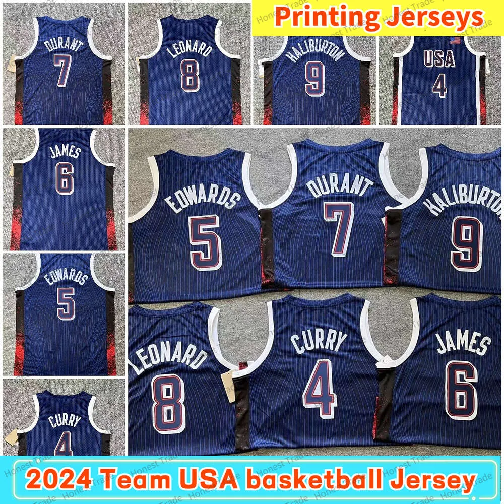Paris 2024 USA 6 James Stephen Curry 4 Tyrese Haliburton Kawhi Leonard Kevin Durant Anthony Edwards Dream Team oss Mens Blue Basketball Jerseys Printing