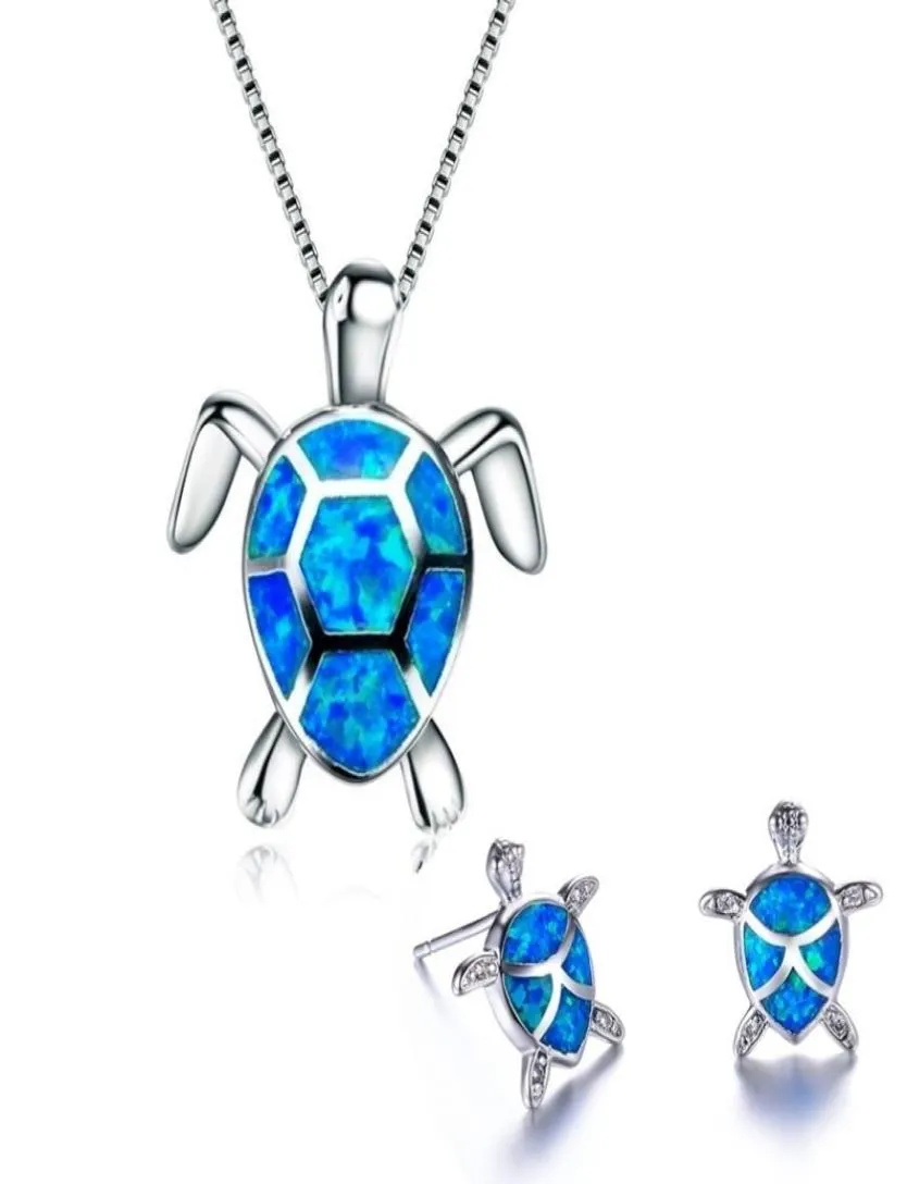 925 Sterling Silber Niedliche Schildkröte Anhänger Halskette und Ohrringe Blau Feuer Opal gefülltes weibliches Tiere Schmuck 2220725