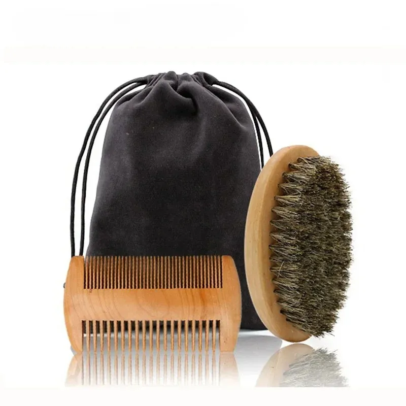 Beard Brush Boar Bristle for Men's Mustache Shaving Comb Face Massage Facial Hair Cleaning Beard Hair Comb Set