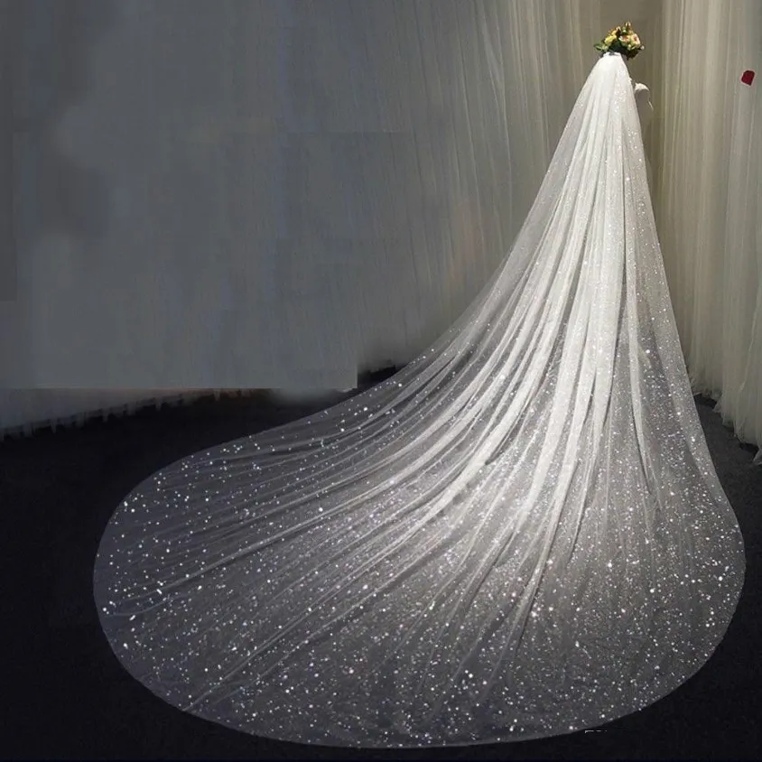 Sparkly Glitters Bling Bling Bruid Wedding Veils 1 Tier Long Bridal Veils Cathedral Lengte handgemaakte zachte tule pailletten bruid Veil gratis 237f