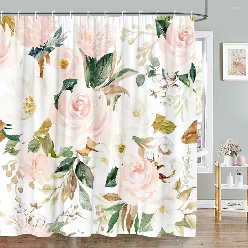 Shower Curtains Pink Floral Curtain Watercolor Botanical Green Leaf Farm Simple Spring Modern Textured Polyester Bathroom Decor