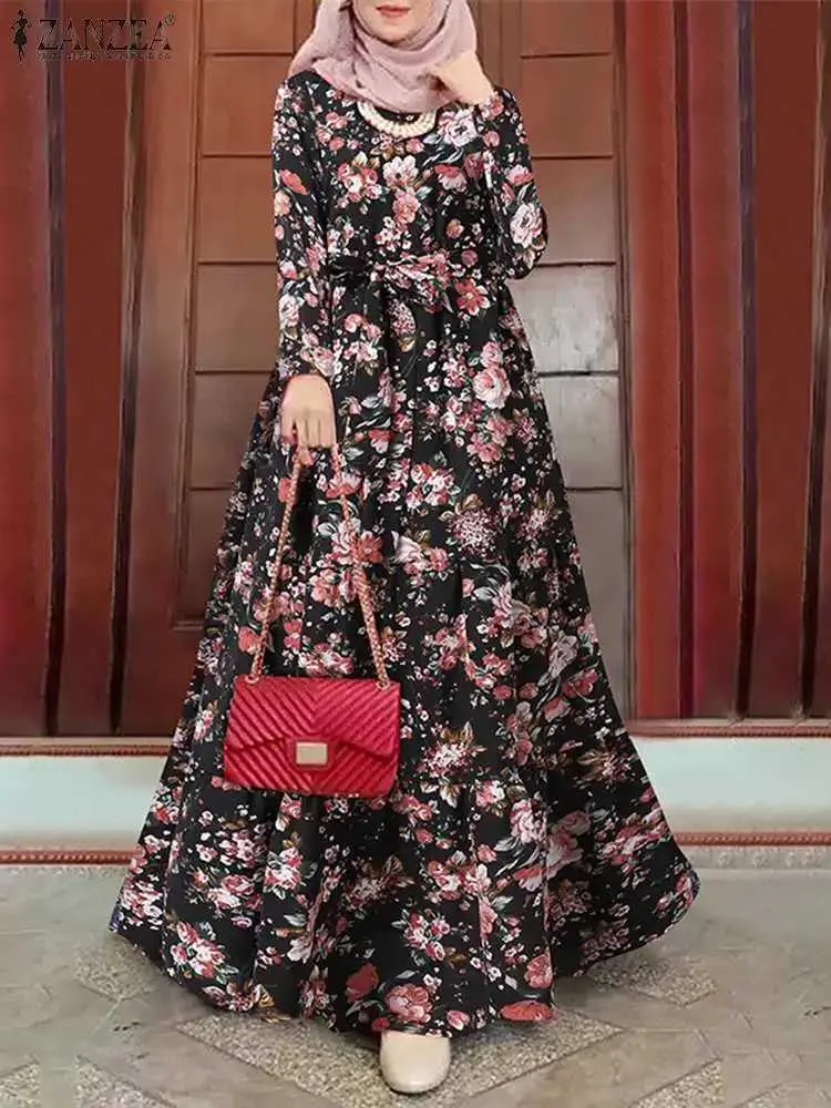 Vêtements ethniques Femmes Bohème imprimé maxi musulman Abaya robe zanzea vintage long slve floral de soleil décontracté Dubaï Turquie robe hijab robes T240510