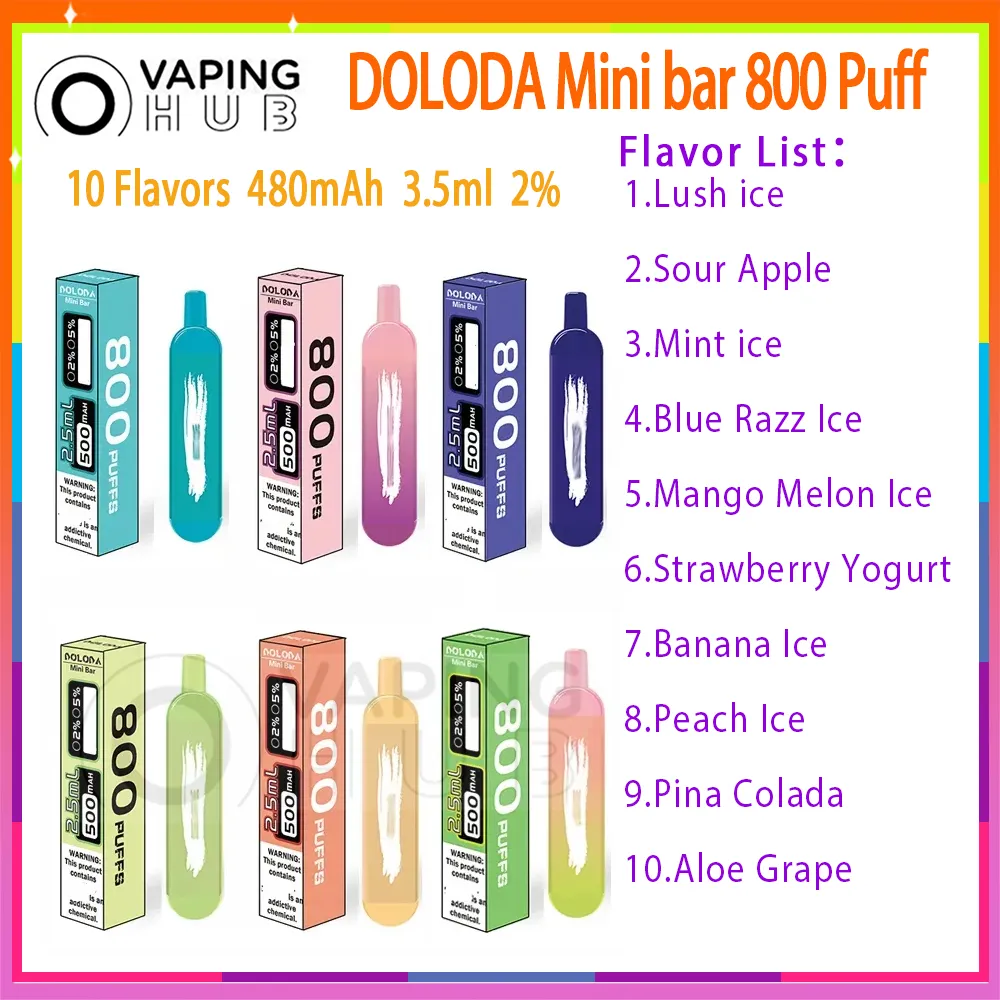 Original Doloda Mini Bar 800 Puff Disposable E Cigaretter 1,2Hm Mesh Coil 3,5 ml POD 480mAh Battery Electronic Cigs Puff 800 2% Vape Pen Kit