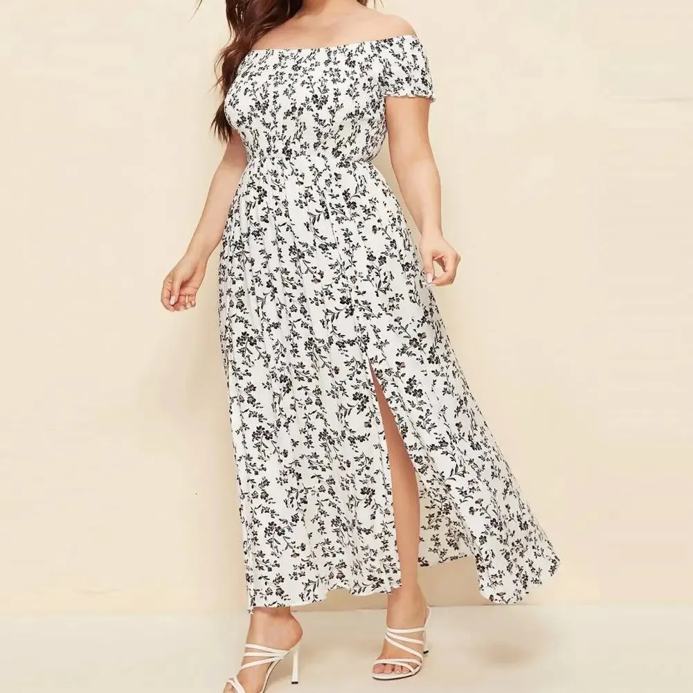 Women Summer Plus Size Dress Chest Wrapped Short Sleeve Split Flowy Hem Off Shoulder Print Maxi Boho Streetwear 240418