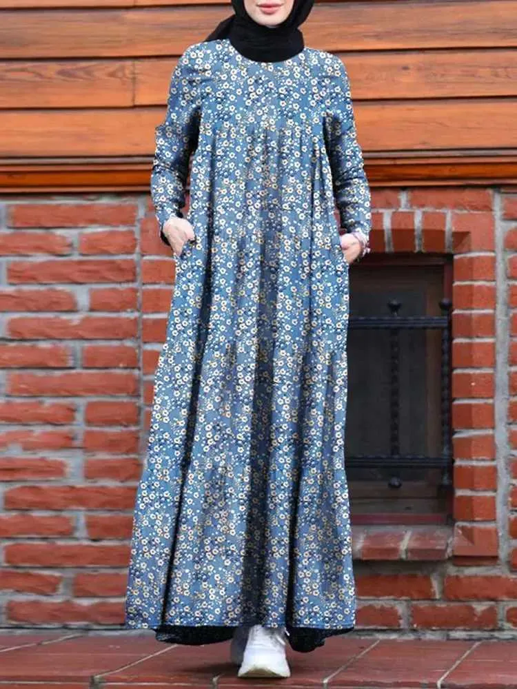 Etniska kläder Zanzea Retro Dubai Abaya Turkiet Hijab Dress Women Vintage Floral Printed Maxi Sundress Summer Long Slve Kaftan Muslim Vestido T240510