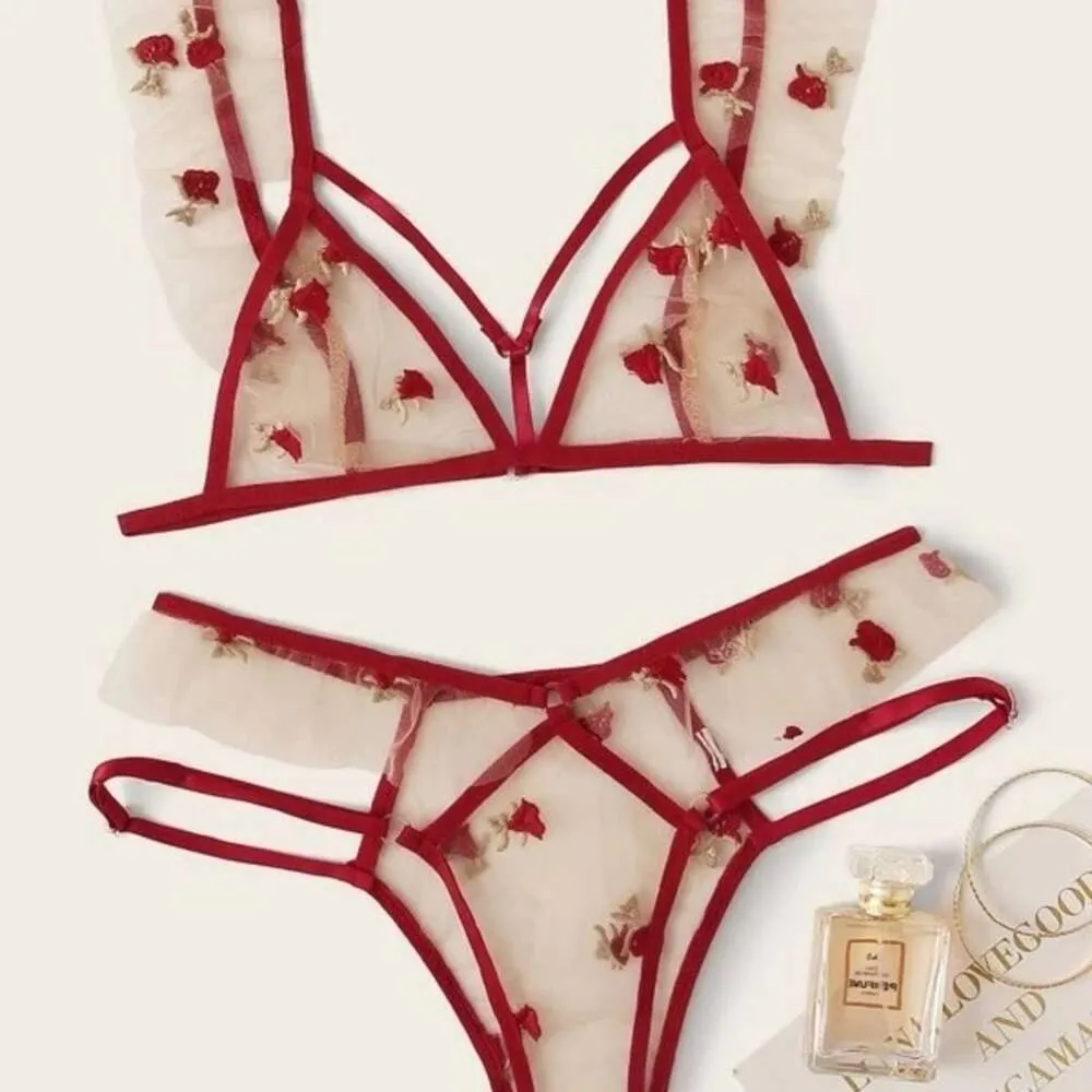 Lingerie erotica a vendita calda, sottile set di maglie da donna sexy, set di lingerie rossa trasparente