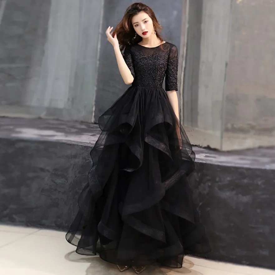 2021 Black Lace Tulle Long Modest Prom Dresses With Half 1 2 Sleeves A-line Floor Length Ruffles Skirt Teens Formal Party Dress 212R