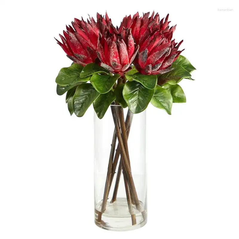 Decoratieve bloemen protea kunstmatige bloemarrangement in glazen vaas paars