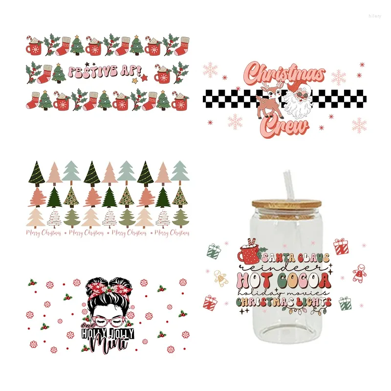 Vensterstickers UV DTF Transfer Sticker Christmas Tree voor de 16oz Libbey -bril Wraps Bottles Cup Can DIY Waterdichte aangepaste stickers D3845