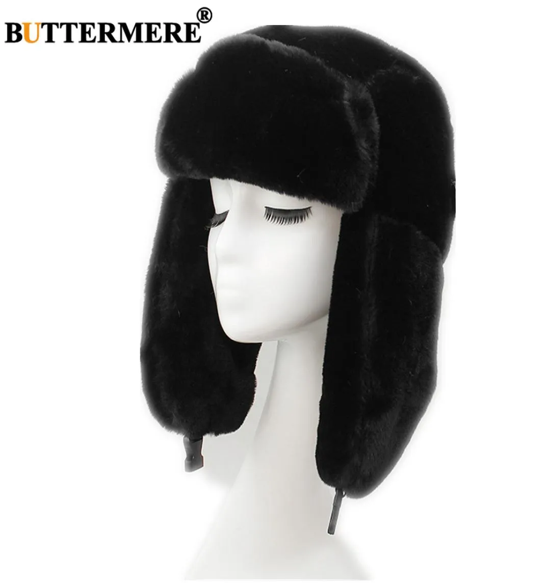 BUTTERMERE Fur Bomber Hat for Women Russian Ushanka Black Trapper Hat Female Warm Winter Ski Ears Gorros Mujer Invierno2208997